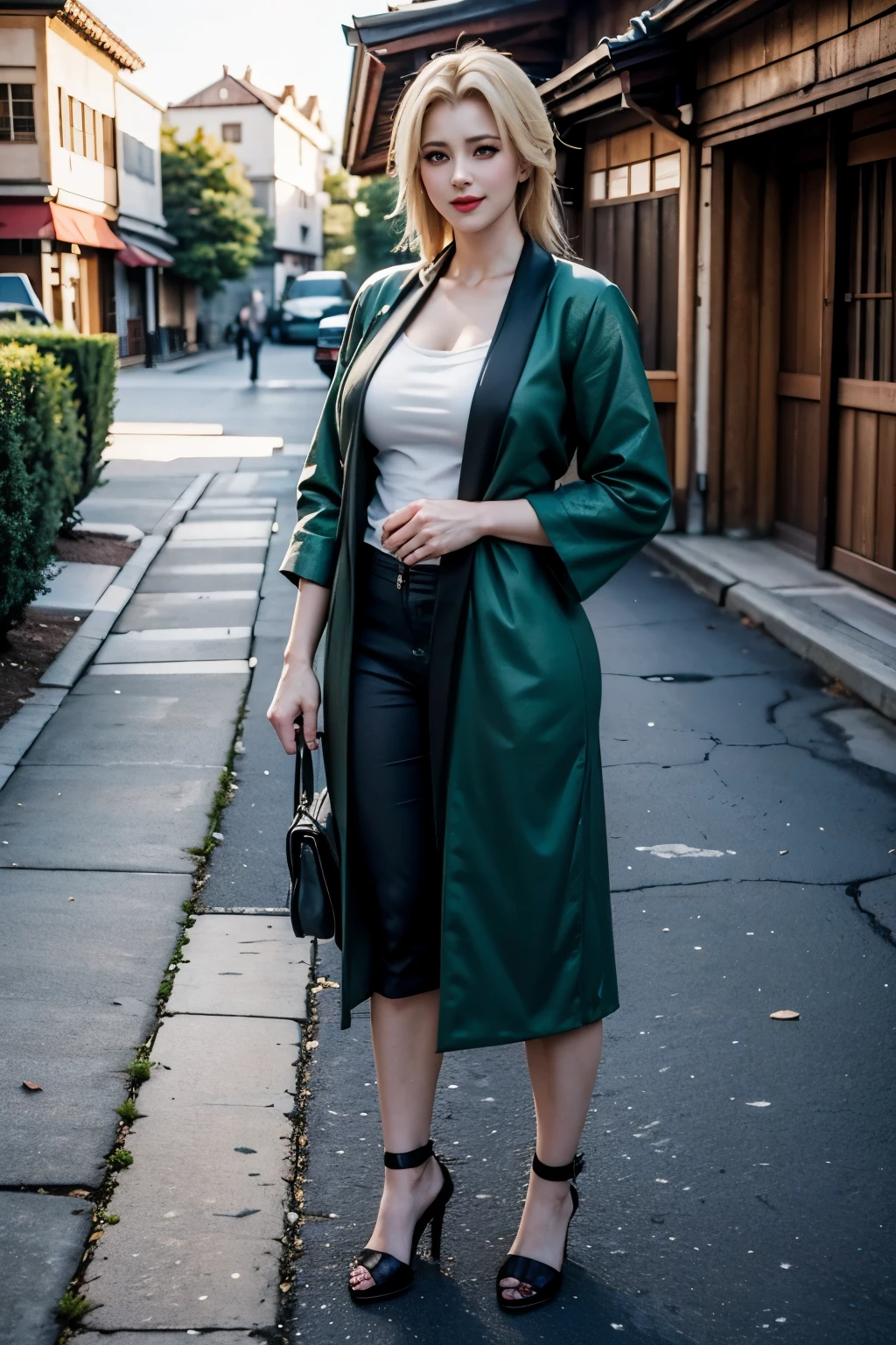 Lady tsunade standing in her daily outfit and smiling, photo realistic dreamy picture