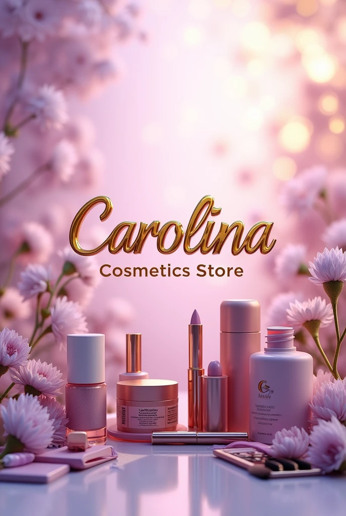 make a background image in the makeup segment of various types of makeup and cosmetics utensils with the name in the center of the image, With name ( Carolina Cosmetics Store ) in realistic gold , the background is in lilac with a gradient with gold effects