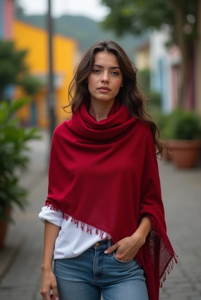 Woman on a cold day in Brazil , wearing jeans, a white blouse and a red pashmina.