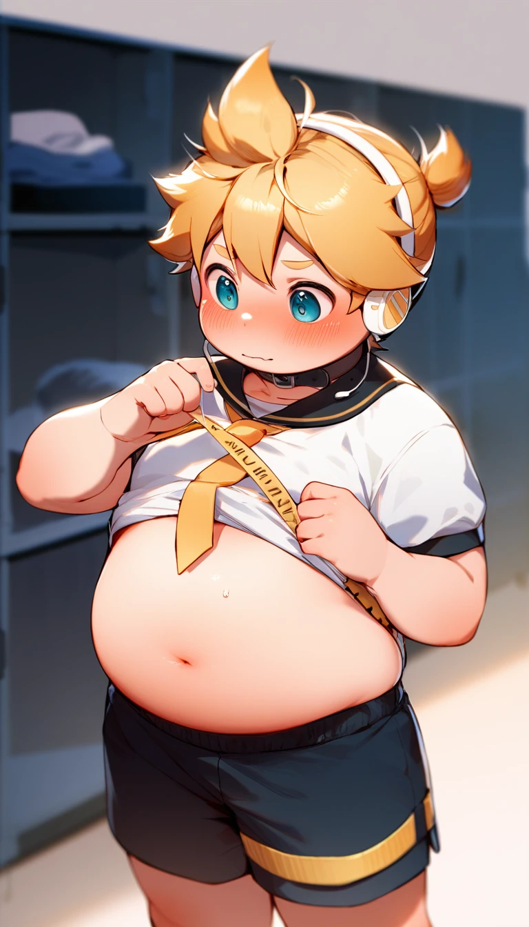 1 boy, (male child), , (Kagamine Len), cute, earphone, obese, over small sports uniform, collar tie, shorts, (chubby), (plump),( belly significantly hang over the waistband), (belly fully exposed), shorts button popped, standing in a changing room, huffing and puffing, full blushed, embarrassed, glint