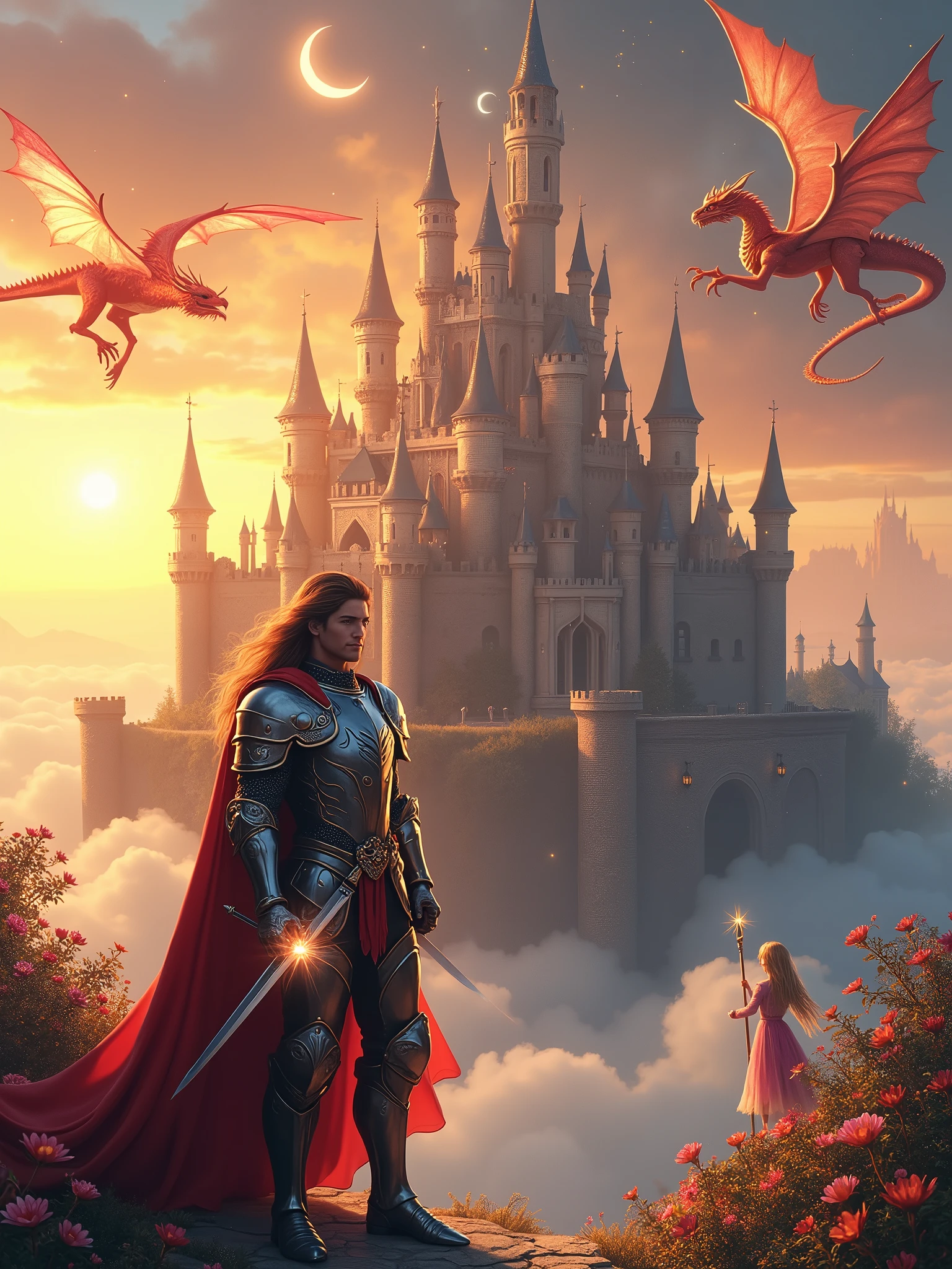 Imagine a medieval castle floating amidst the clouds, surrounded by majestic dragons and delicate fairies flitting about. As the sun sets, the sky transforms into a kaleidoscope of orange and pink hues. In the foreground, a heroic knight stands proudly, clad in radiant armor adorned with silver and gold details, a raised visor on his helmet, and a blue cloak emblazoned with a dragon emblem. His armor reflects the warm light of the setting sun, casting a soft glow. He wields a magical sword with a luminous blade and a hilt decorated with precious stones, alongside a shield bearing the dragon emblem. The knight's expression is determined and heroic, with piercing blue eyes and chestnut hair falling across his face. He stands tall, exuding confidence and authority, with a strong jawline and a well-groomed beard. The scene is set against a backdrop of towering castle spires, fortified walls, and a lowered drawbridge connecting the castle to the clouds. The castle's gardens are suspended in mid-air, featuring vibrant flowers and crystal-like trees with leaves that softly glow. Above, the sky is dotted with bright stars and a crescent moon, its soft aura illuminating the magical atmosphere. A 15-meter-long dragon of fire soars around the castle, its red and orange scales glistening, eyes blazing like embers, and wings that seem to be made of fire, leaving trails of smoke and flames. The dragon possesses resistance to fire, immense strength and speed, intelligence, elemental magic, and defensive capabilities. Nearby, a wise old mage with a long white beard and a pointed hat stands on the castle wall, advising the knight while performing magical rituals. Fairies with transparent wings and flower-petal garments flutter around, playing with the dragon and possessing the abilities to heal, create illusions, control time, and transform into other animals. The lighting is soft and golden, with the setting sun casting long shadows and realistic details, enhancing the magical and epic ambiance. Infinity"