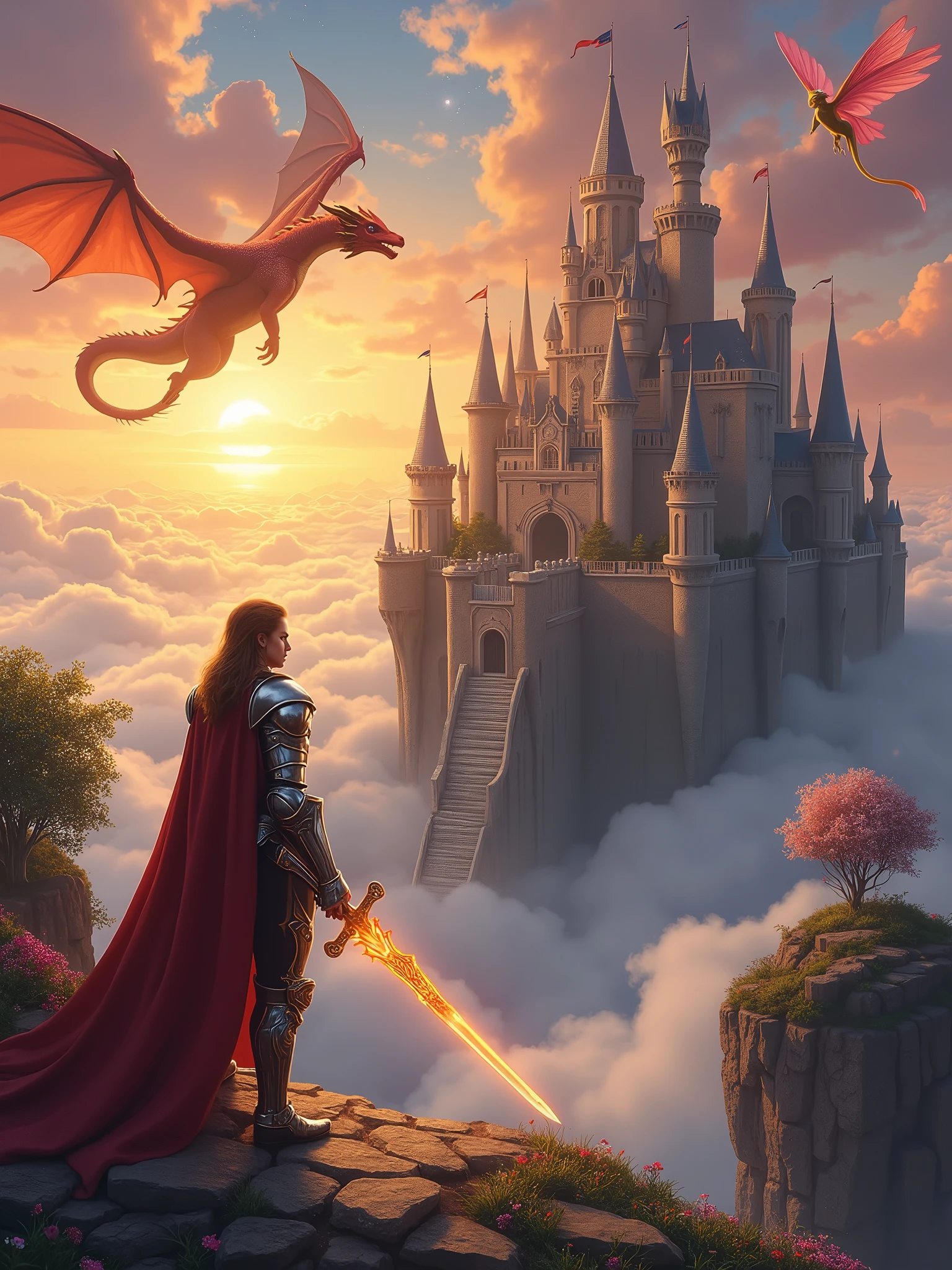 Imagine a medieval castle floating amidst the clouds, surrounded by majestic dragons and delicate fairies flitting about. As the sun sets, the sky transforms into a kaleidoscope of orange and pink hues. In the foreground, a heroic knight stands proudly, clad in radiant armor adorned with silver and gold details, a raised visor on his helmet, and a blue cloak emblazoned with a dragon emblem. His armor reflects the warm light of the setting sun, casting a soft glow. He wields a magical sword with a luminous blade and a hilt decorated with precious stones, alongside a shield bearing the dragon emblem. The knight's expression is determined and heroic, with piercing blue eyes and chestnut hair falling across his face. He stands tall, exuding confidence and authority, with a strong jawline and a well-groomed beard. The scene is set against a backdrop of towering castle spires, fortified walls, and a lowered drawbridge connecting the castle to the clouds. The castle's gardens are suspended in mid-air, featuring vibrant flowers and crystal-like trees with leaves that softly glow. Above, the sky is dotted with bright stars and a crescent moon, its soft aura illuminating the magical atmosphere. A 15-meter-long dragon of fire soars around the castle, its red and orange scales glistening, eyes blazing like embers, and wings that seem to be made of fire, leaving trails of smoke and flames. The dragon possesses resistance to fire, immense strength and speed, intelligence, elemental magic, and defensive capabilities. Nearby, a wise old mage with a long white beard and a pointed hat stands on the castle wall, advising the knight while performing magical rituals. Fairies with transparent wings and flower-petal garments flutter around, playing with the dragon and possessing the abilities to heal, create illusions, control time, and transform into other animals. The lighting is soft and golden, with the setting sun casting long shadows and realistic details, enhancing the magical and epic ambiance. Infinity"
