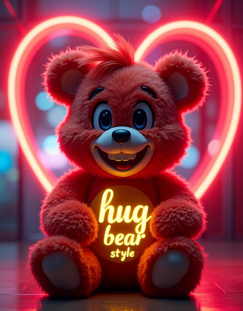 photo of a toy full body, bear hug neon glow with two eyes in a style in mood and happy  smiling with teeth smile wearing a black VR red hair and a slash yellow glow on the bear, background with red heart neon glow inside of the heart is 90's fashion font graffiti words hug BEAR style