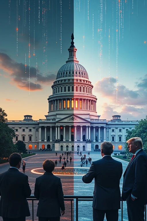 A split-screen digital artwork: on one side, the US Capitol building; on the other, a futuristic city powered by blockchain. Connect both sides with flowing lines of code. Include small portraits of Hoskinson, RFK Jr., and Trump overlooking the scene.