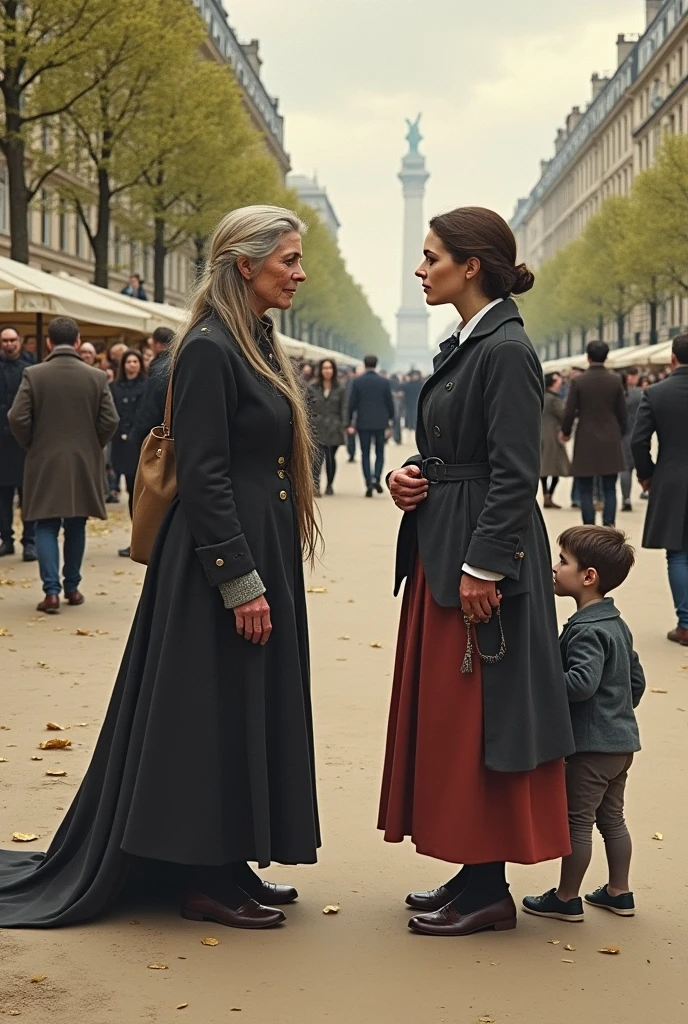 the necklace by guy de maupassant ending scene illustration , two girls are having an conversation in Champs Elysees, one women is Madame Loisel who looked old now. She had become the woman of impoverished households--strong and hard and rough. With frowsy hair, skirts askew and red hands and the other women is Madame Forestier, still young, still beautiful, still charming with a kid beside her