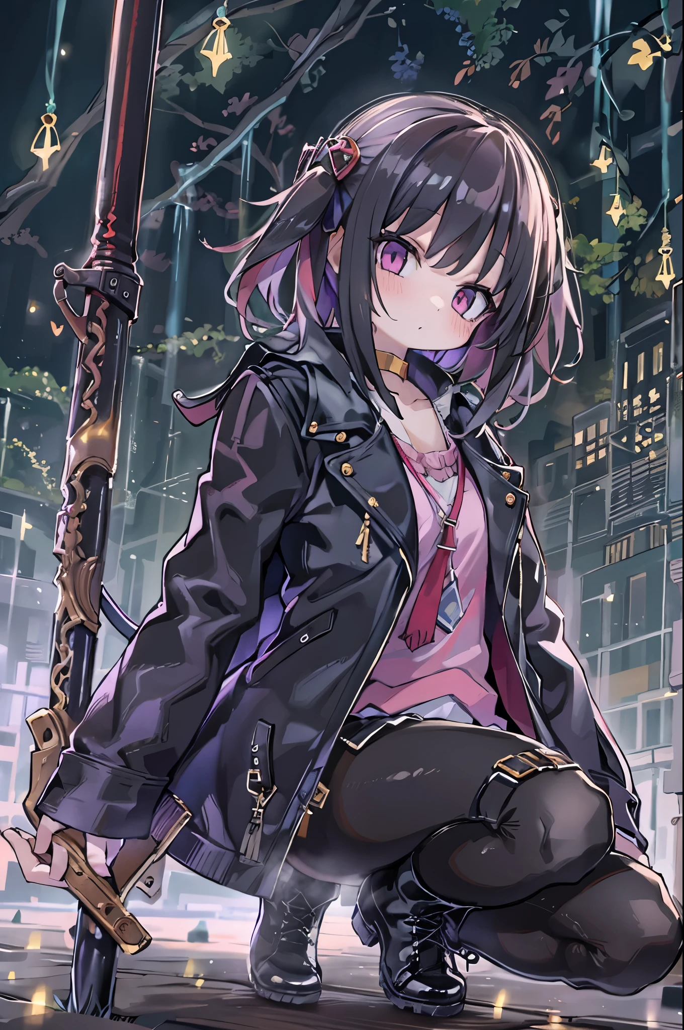 Highest quality,masterpiece,, 『魔法少女まどか☆マギカ』Madoka Kaname、Wearing a black leather jacket and combat boots。, Have a magic wand, And there&#39;s a cold look on her face.