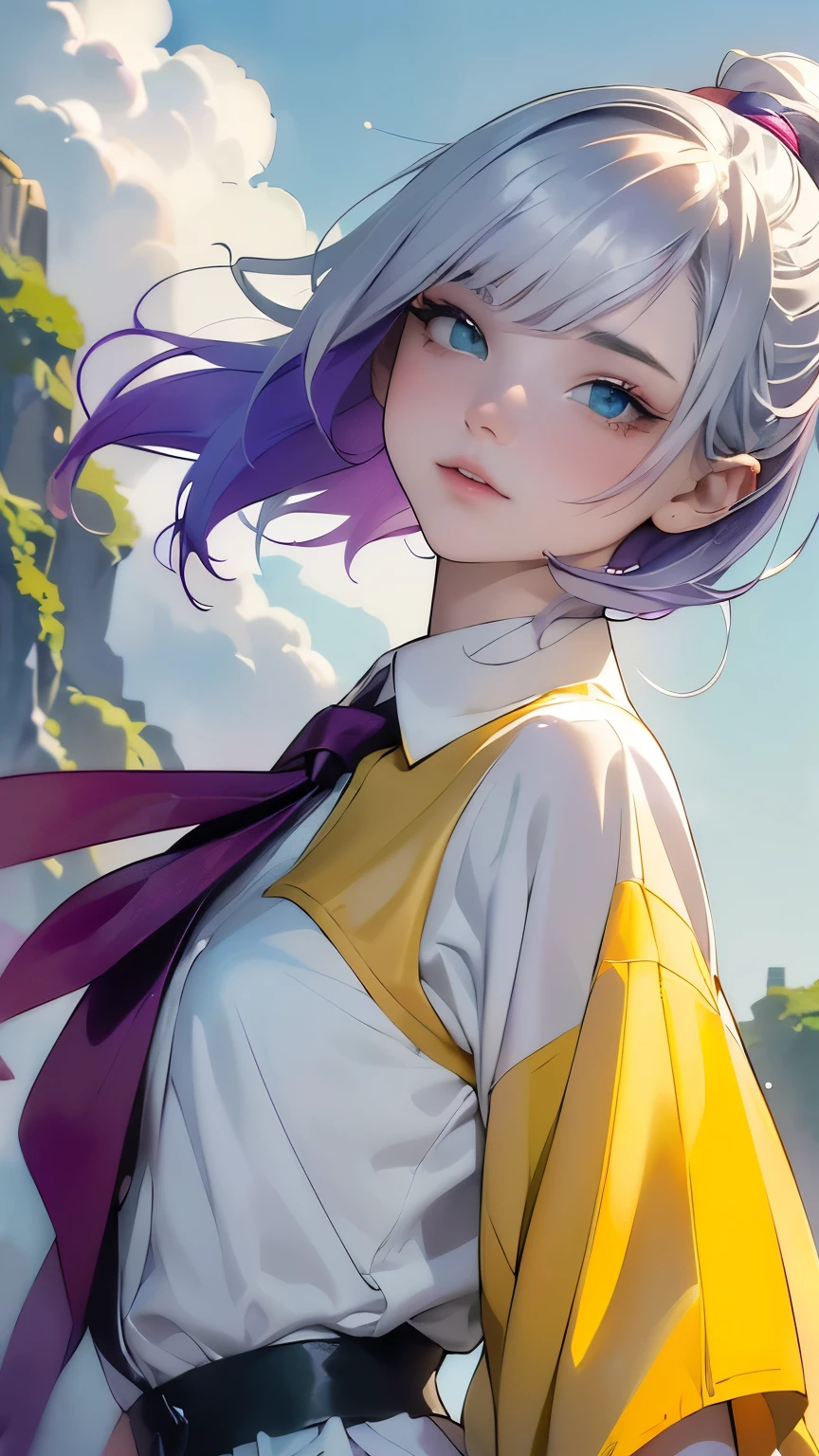 (1 person),(Dynamic pose),(multicolorRedhead+Silver Hair:1.3+Redhead:1.2+Purple Hair+Yellow Hair:1.3+Green Hair:1.3),(Grey Eyes),(Neck ribbon),(floating),(cloud),(Too many droplets of water),(Twilight),(watercolor),(Wide Shot)