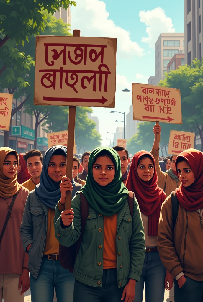 Some Bangladeshi college and university students boys and young girls stood with banners on the street and their banners read