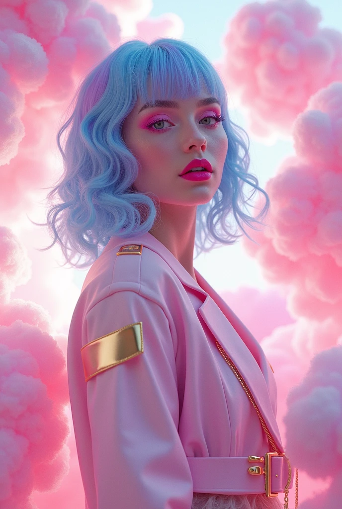 Create an image of a futuristic model with vibrant blue and purple hair styled in soft waves. The model should have a striking appearance with bold, colorful makeup featuring vivid pink eyeshadow and bright pink lipstick. She should be wearing a stylish, pastel-colored outfit with gold accents, standing against a dreamy background filled with fluffy, pink, cotton candy-like spheres and soft lighting that enhances the whimsical and surreal atmosphere. The overall aesthetic should be inspired by a blend of kawaii and futuristic styles, with a playful yet sophisticated vibe.