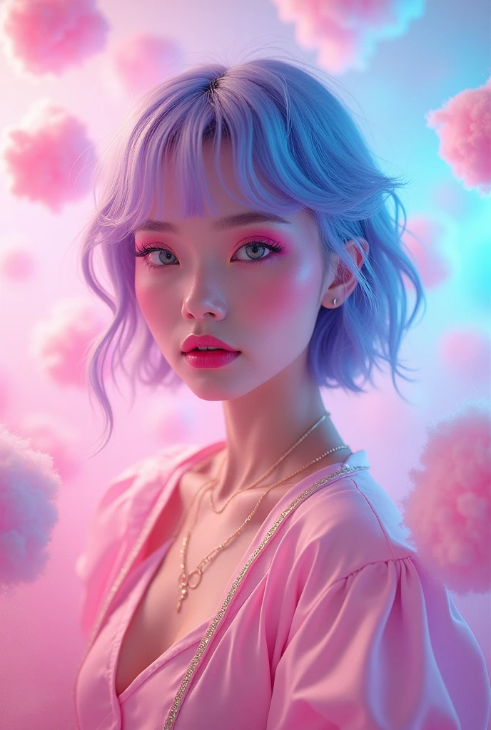 Create an image of a futuristic model with vibrant blue and purple hair styled in soft waves. The model should have a striking appearance with bold, colorful makeup featuring vivid pink eyeshadow and bright pink lipstick. She should be wearing a stylish, pastel-colored outfit with gold accents, standing against a dreamy background filled with fluffy, pink, cotton candy-like spheres and soft lighting that enhances the whimsical and surreal atmosphere. The overall aesthetic should be inspired by a blend of kawaii and futuristic styles, with a playful yet sophisticated vibe.