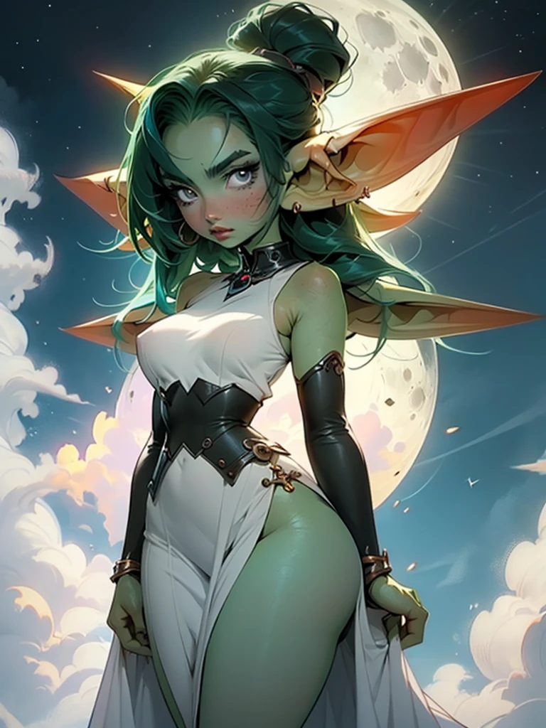 Beautiful anime goddess with long green hair, wearing a short dress, anime key look, moon, large_breast, intricate, hips, highly detailed, wide hips, breathtaking beauty, vibrant and sharp focus, illustration, goblin girl, goblin girl