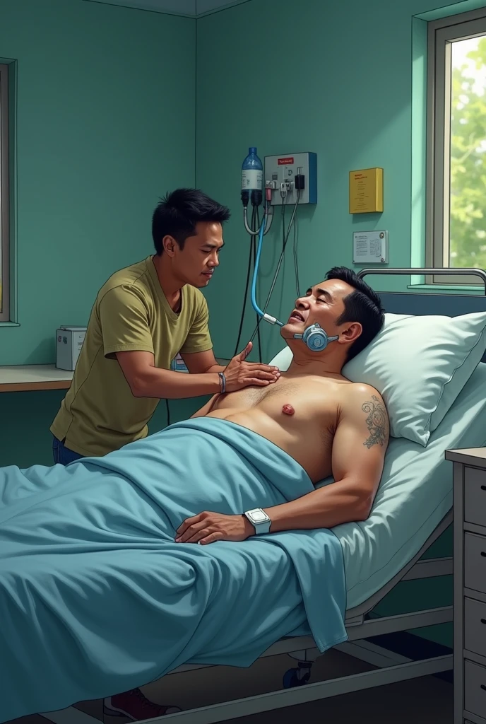 Give me a 2 man in hospital bed that has a dengue and the man will be a filipino, that he taking oxygen and also make it solo and looking sick just 2 man only and make the room like for public hospital