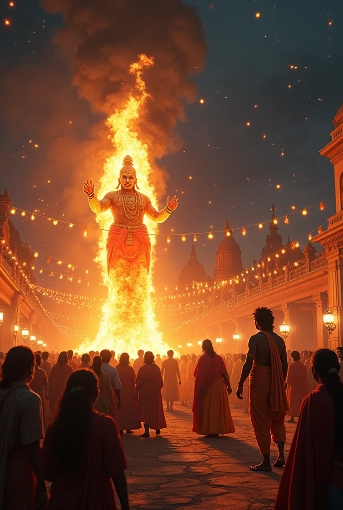 Generate an image of rama Navami at Ayodhya temple, at the grouds the Sriram burning the ravana idol and people are full at ground the night is full of dark but the decoration lights are lighting the scenario