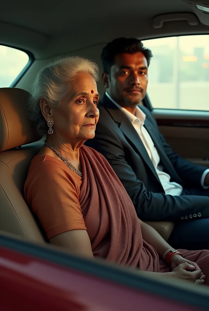 A old bengali women with her rich son in a car