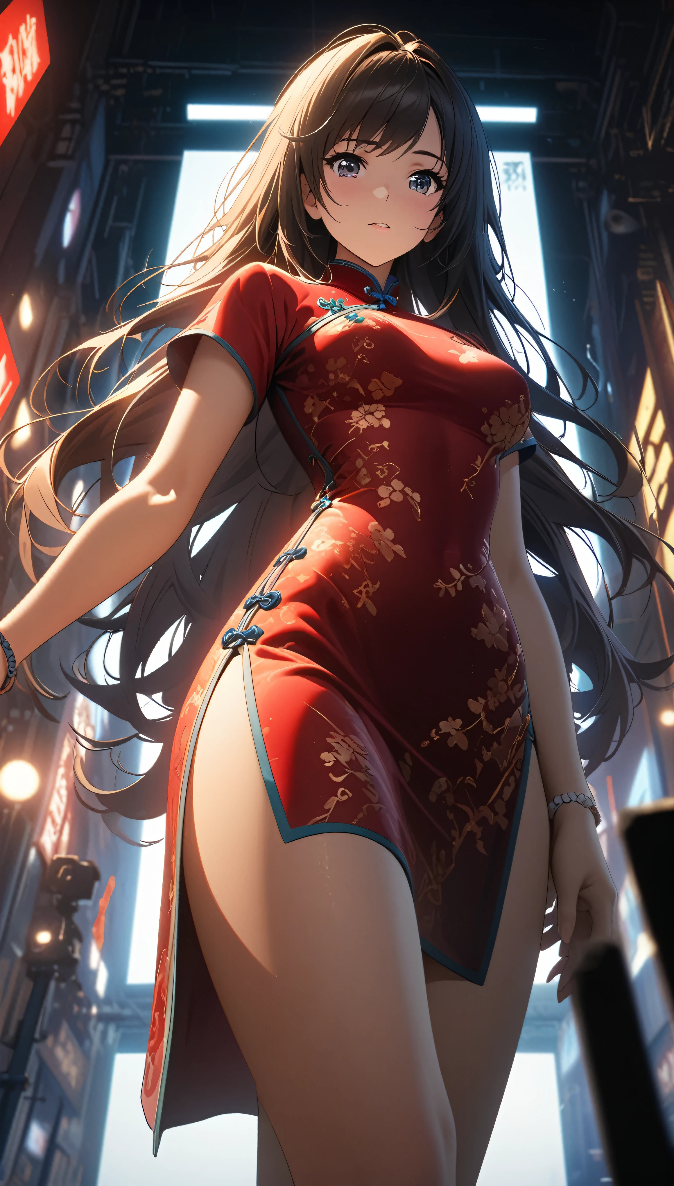Cheongsam Girl,Long Hair,Pure white background,Depth of written boundary,Low angle view,Calf Level View,Overclocked Renderer,Cinema Lighting,Ultra-fine,Very detailed,complicated,Cinematic Perspective,CG Art,Side zipper