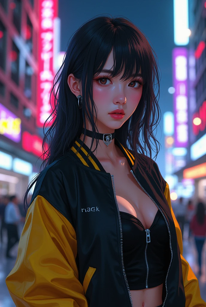 (masterpiece, Highest quality, Highest quality, Very detailed, Most detailed, Official Art, Structure of the film, beautifully、aesthetic:1.2), colorful, (Detailed drawn eyes:1.1),Cute Japanese beautiful face, Perfect body, One person, alone, City of night, City, Ratan, street, black | Yellow bomber jacket, (Neon Light:1.1), Small breasts, software, performer, (headphone:1.1), (cyber punk:1.1), (sf:1.1), (stare:1.2), (public:1.2)