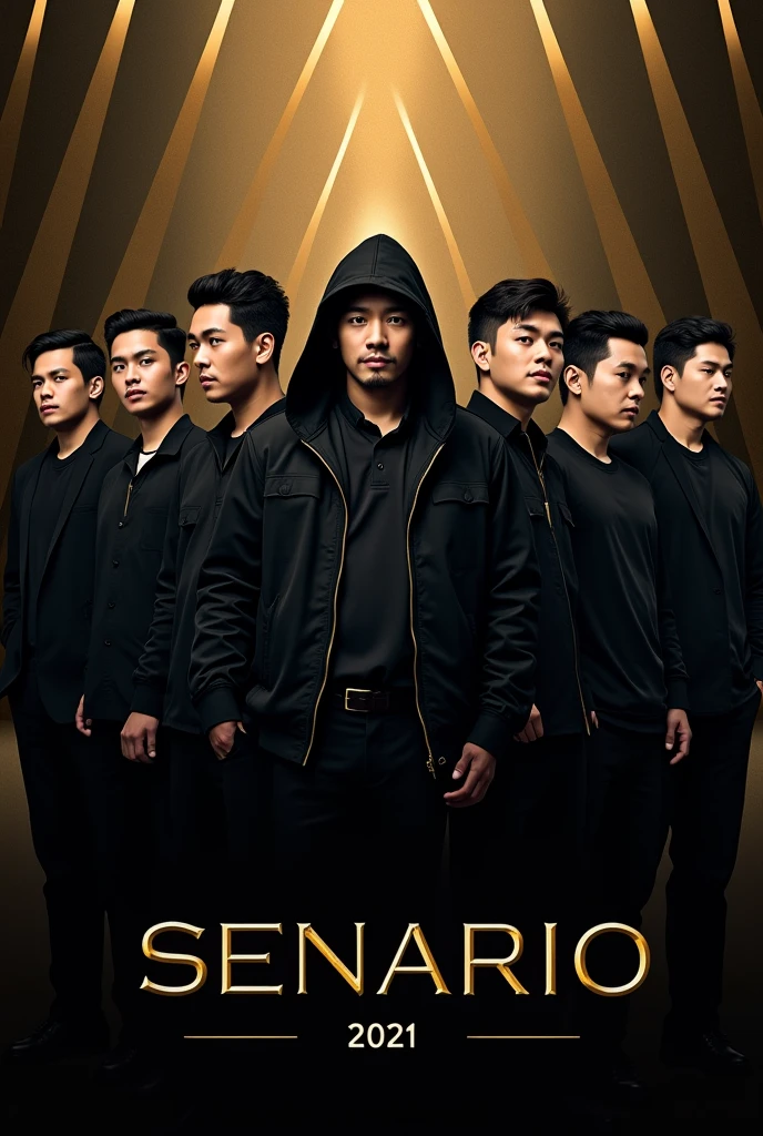 Exclusive mode and serious concert poster of a famous singer group in Malaysia consisting of six men named Senario with black and gold color background one man with hoodie 
