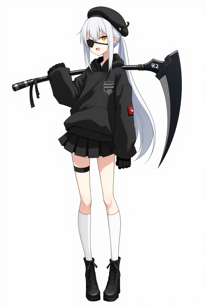 Medium-height anime girl, long white ponytail tail hair, yellow eye, holding a long futuristic scythe on her shoulder, wearing a black school uniform,short skirt, loose black jacket, long white socks, black eye patch, black beret, tactical gloves, tactical boots. Manga art style with white background