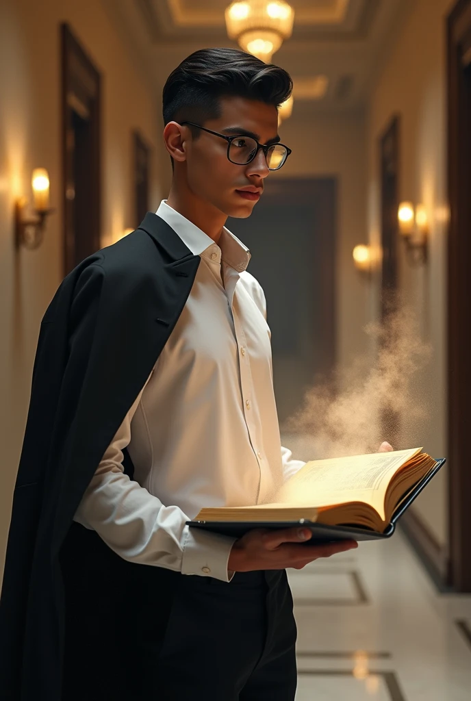 A young man with dark hair, black hair, a normal undercut hairstyle, wearing a suit, no facial hair, a mix between INTJ and INFJ, wearing glasses, his head is elongated, and from below he has an angular jaw, his height is 170 cm, his weight is 52 kg, wearing a white shirt and black pants, and putting a black suit on his shoulder, he has Arab-African features, and he has no beard, he is 20 years old, standing in the middle of an upscale hall, holding an open book, and from the book dust comes out drawing a word (Buraj Kharam)