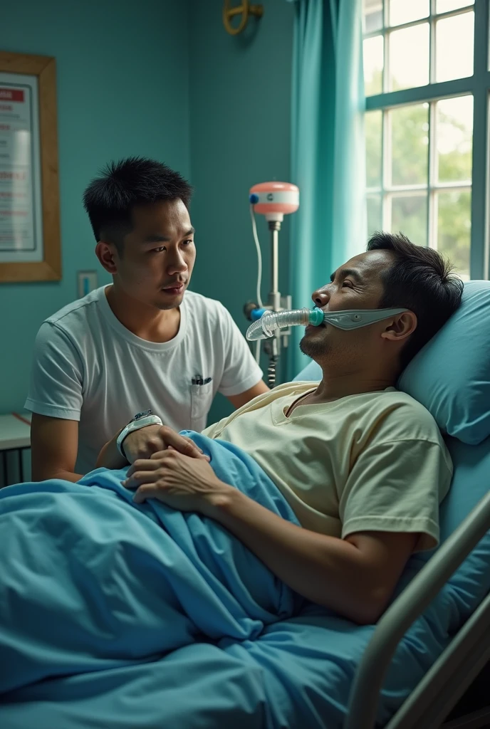 Give me a 2 man in hospital bed that has a dengue and the man will be a filipino, that he taking oxygen and also make it solo and looking sick just 2 man only and make the room like for public hospital