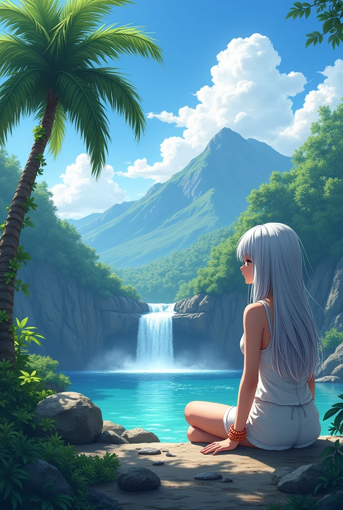 serene solo scene: A girl with striking silver and white hair sits peacefully by a tranquil waterfall, surrounded by lush forest foliage. She wears a delicate coral-colored bracelet and gazes out at the breathtaking scenery - a majestic mountain range against a brilliant blue sky dotted with fluffy clouds. Nearby, a palm tree rises from the overgrown bush, its trunk adorned with vines. The air is filled with the gentle sound of rushing water, as if beckoning her to dip her hand into the crystal-clear lake or river that flows gently in the distance.