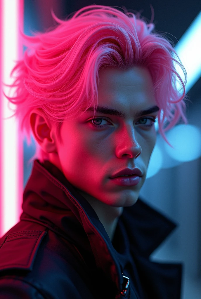 "Striking, ultra-realistic digital portrait of a male figure with vibrant, neon-pink hair flowing in soft, voluminous waves, his captivating gaze and alluring expression accentuated by dramatic, against a moody, atmospheric backdrop of pulsing neon lights, futuristic and cyberpunk-inspired, by artists like Raphael Lacoste and Alexander Forssberg."
The image depicts a visually striking male subject with long, vividly pink hair styled in soft, voluminous waves. His gaze is captivating, enhancing his alluring expression. The figure is set against a moody, atmospheric backdrop featuring pulsing neon lights, creating an immersive, futuristic and cyberpunk-inspired aesthetic.