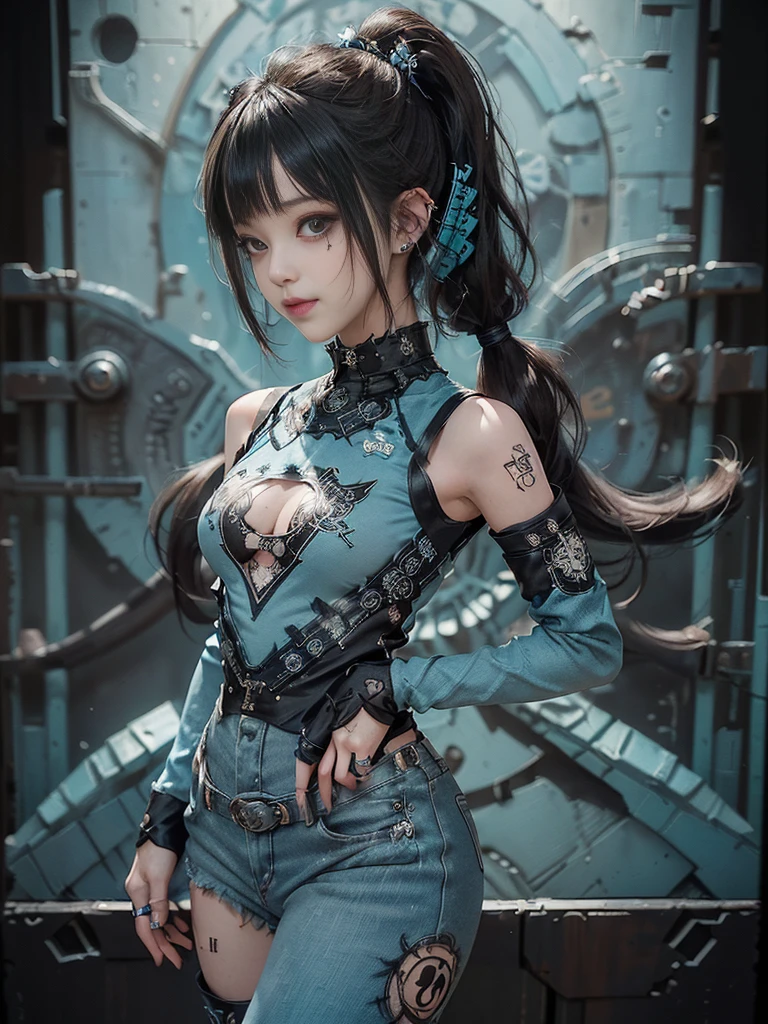 (Full Body View:1.3)、(Side view:1.2)、(Smiling with teeth showing:1.3),(Shibuya Gal:1.5)、(Maid cafe fashion:1.5)、(Punk RockVisual Kei:1.5)、(Wearing a rhythmic gymnastics bodysuit with intricate details:1.4)、(Racing suit and pants with intricate turquoise, denim and charcoal decorations:1.5)、(Denim and light blue and turquoise boots:1.3)、((belt))、(Numerous delicate logo marks all over the costume:1.4)、(collar:1.3)、(Polka dot underwear:1.5)、20-year-old、NSFW、((Highest quality、In 8K、masterpiece:1.3))、Sharp focus:1.2、(Layered Cut、Huge boobs:1.1),Beautiful woman with perfect figure:1.4、(Doing cute gravure poses:1.3)、Slender Abs:1.2、Highly detailed face and skin texture、Detailed eyes、double eyelid,(Twin tails:1.3)、(Black brown hair:1.3)、Gravure idol、(The background is the stage of the fashion show:1.3)、(Slim Body:1.3),(Make your legs thinner:1.4),(clavicle:1.1)