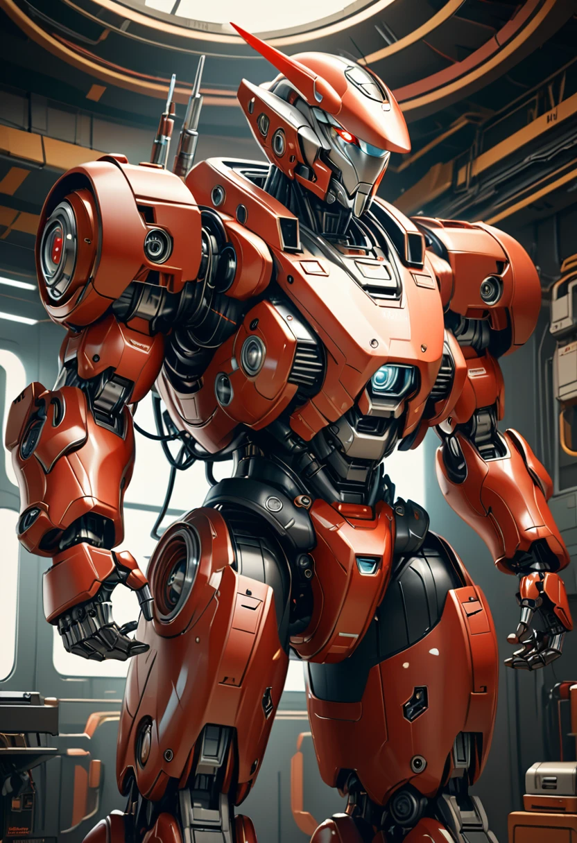 a red robot with a conical transparent cover on its head, very vintage sci-fi, the robot's hands have simple two fingers, overall rounded shapes, cartoon style, (best quality,4k,8k,highres,masterpiece:1.2),ultra-detailed,(realistic,photorealistic,photo-realistic:1.37),highly detailed robot, intricate mechanical details, glowing red eyes, complex futuristic machinery, retro-futuristic design, warm color palette, dramatic lighting, cinematic composition, dynamic pose