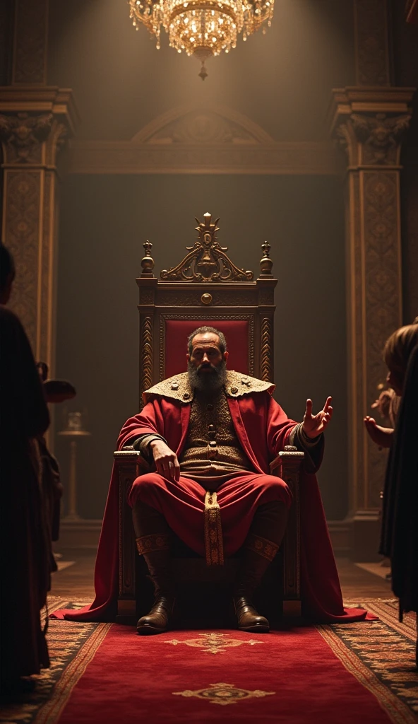 A scene from a king's court with one king's seat vacant