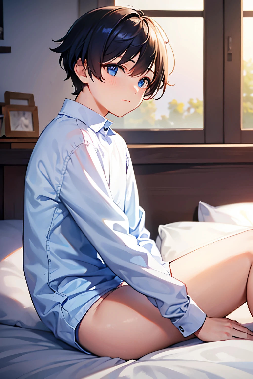 a boy sitting in a bedroom, wearing a white long sleeve shirt and blue underwear, viewed from the side,