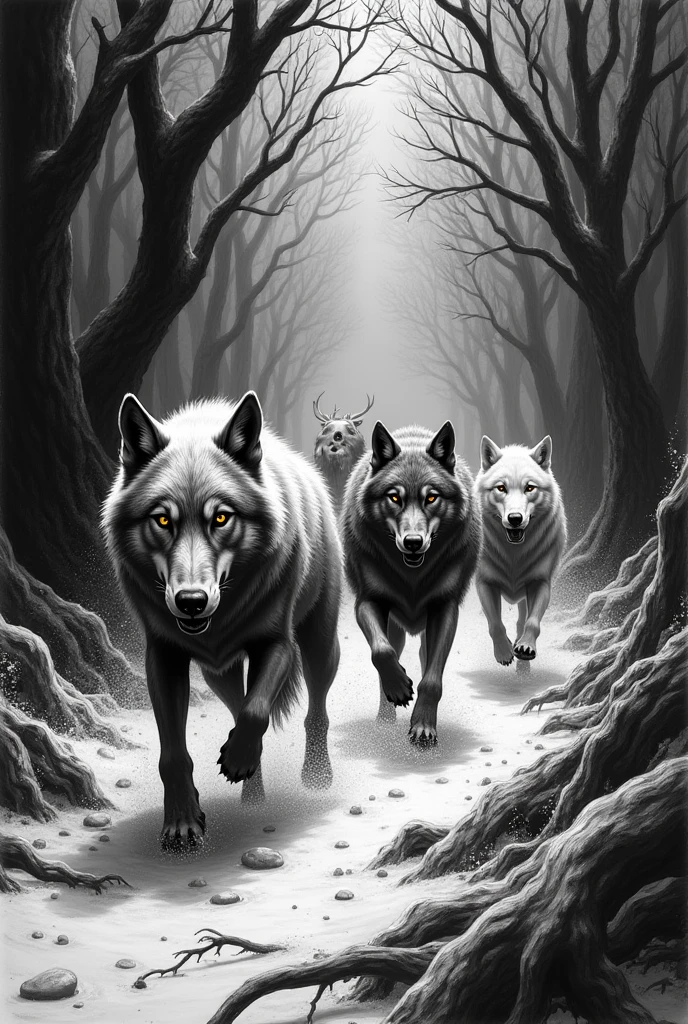 Black and white drawing of wolves chasing a deer in a forest. The deer is golden 