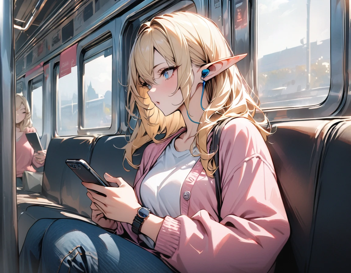 ((highest quality)), ((masterpiece)), (be familiar with), perfect face, elf, pointy ears, blonde hair, Bluetooth earphones, listening to music using earphones, operating a smartphone, White T-shirt, light cardigan, pink cardigan, Denim skirt, On the train, wristwatch