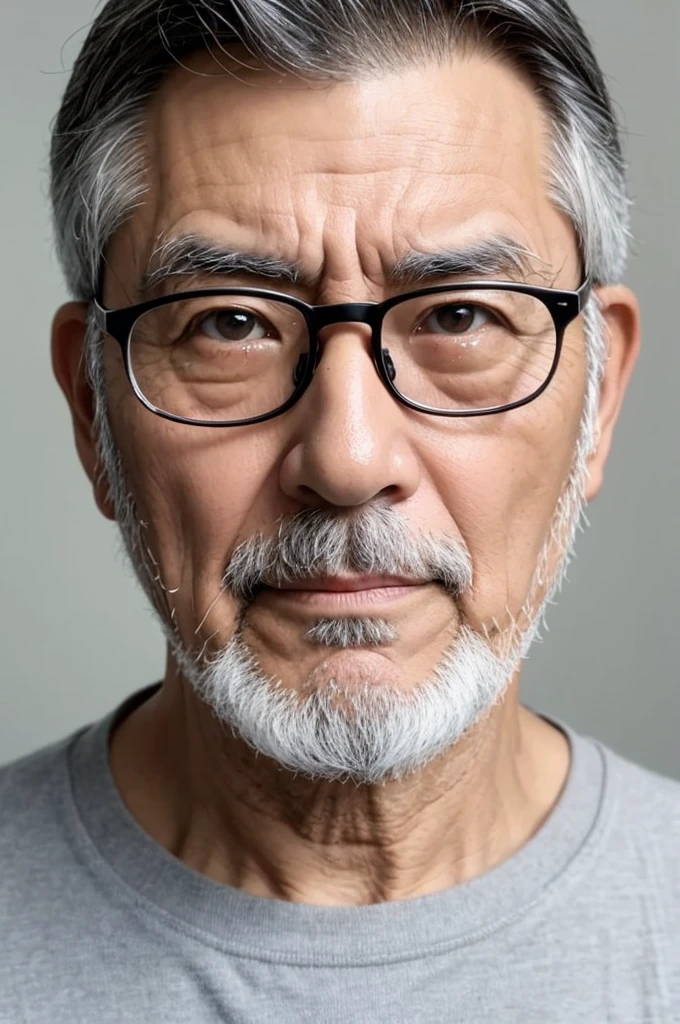 Japanese men、60 years old、front、Face close-up、ID photo、Beardless、Gray hair、Wearing thin-rimmed glasses、Serious face、modesty、serious、A kind face、casual