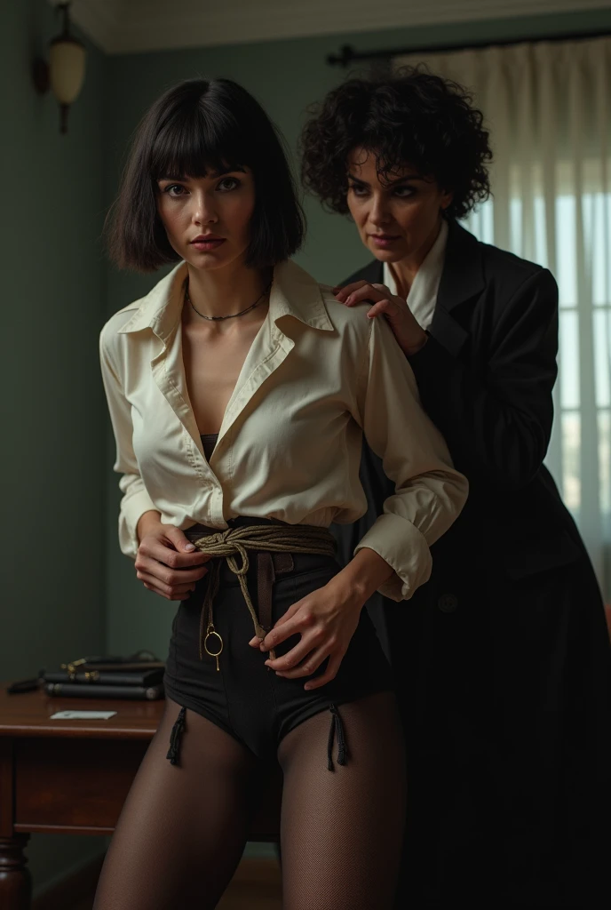 hands tied together, pretty 50 year old secretary with short dark hair, she is tied up and her mouth is gagged, wearing a silk blouse and skirt and black silky pantyhose, she is bent over a chair with a very detailed view of her panties under pantyhose, photo realistic, bound and gagged, a tall elderly woman with dark curly hair stands over her smiling.