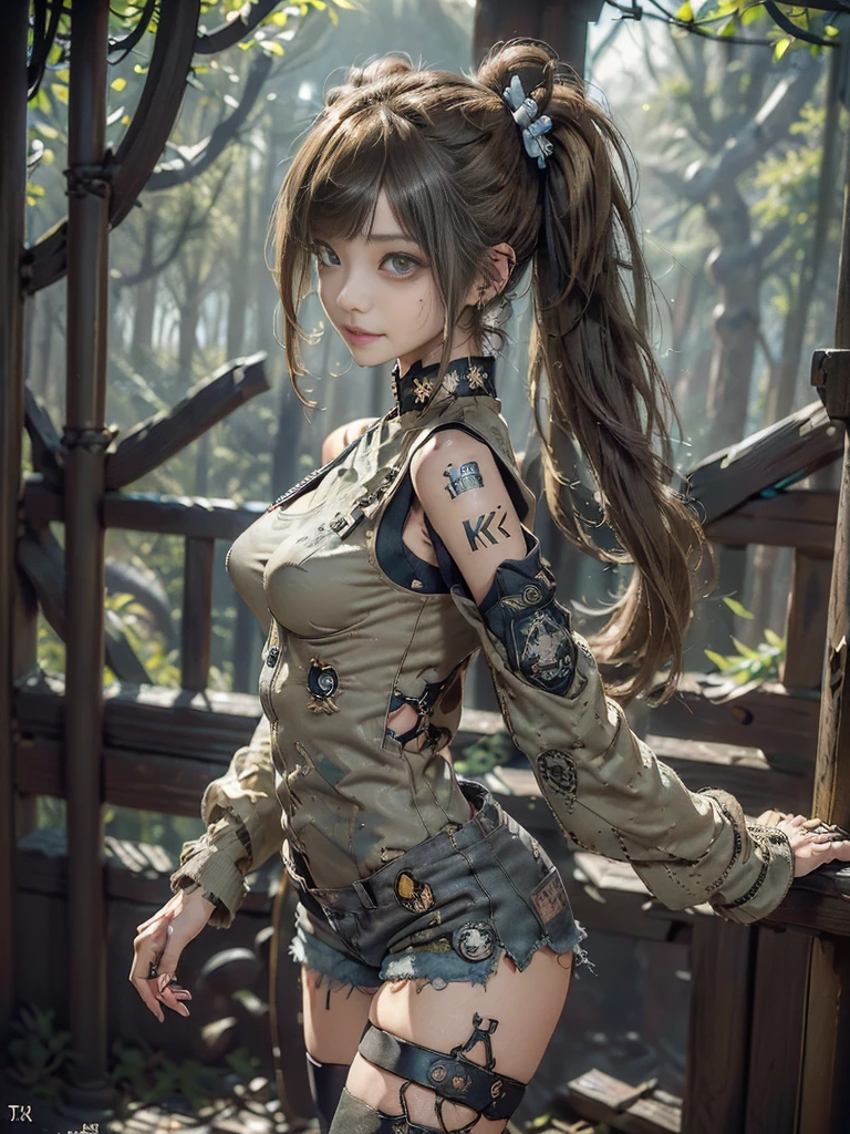 (Full Body View:1.4)、(Side view:1.2)、(Please smile with your teeth showing:1.4),(Shibuya Gal:1.5)、(Goth Style Fashion:1.5)、(Tattered khaki and gray futuristic micro high leg bodysuit:1.5)、(Tattered Khaki and Beige Micro Fancy Sleeves:1.5)、(Tattered khaki micro shorts:1.5)、(Brown and khaki knee socks:1.3)、(camouflage:1.3)、(Military jacket:1.4)、Brown boots、Khaki gloves、internal、(underwear is small:1.4)、2、(Posing as a gravure model:1.3)、((Highest quality、8k、masterpiece:1.3))、One person、The beauty of slim abs:1.3、(Hairstyle Casual、Big Tits:1.1)、dress:1.1、Super small face、Narrow eyes、double eyelid、Laughter、Esbian all over body、Dynamic Angle、Close-up、CPL Filter、Blurred Background、Bokeh、Blue Hour、Detailed face and skin texture、Detailed Eyes,(Twin tails:1.3)、(Golden brown hair:1.4)、Gravure idol pose、(Background: Beautiful ancient palace in the deep forest:1.3)、(The body is slim:1.2),(Slim legs:1.4),(clavicle:1.1)