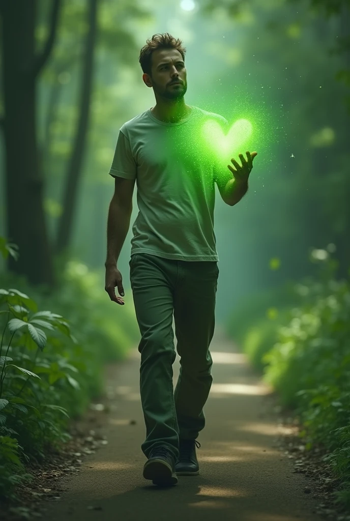 A man is walking and holding a green heart in his hand