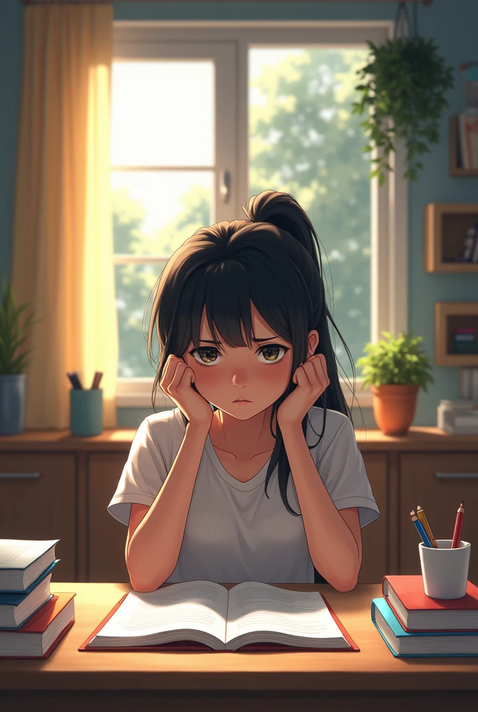 A fully stressed and tensed girl preparing and reading for exam inside the room on table and imagining about the happy stages and speech competition.....
