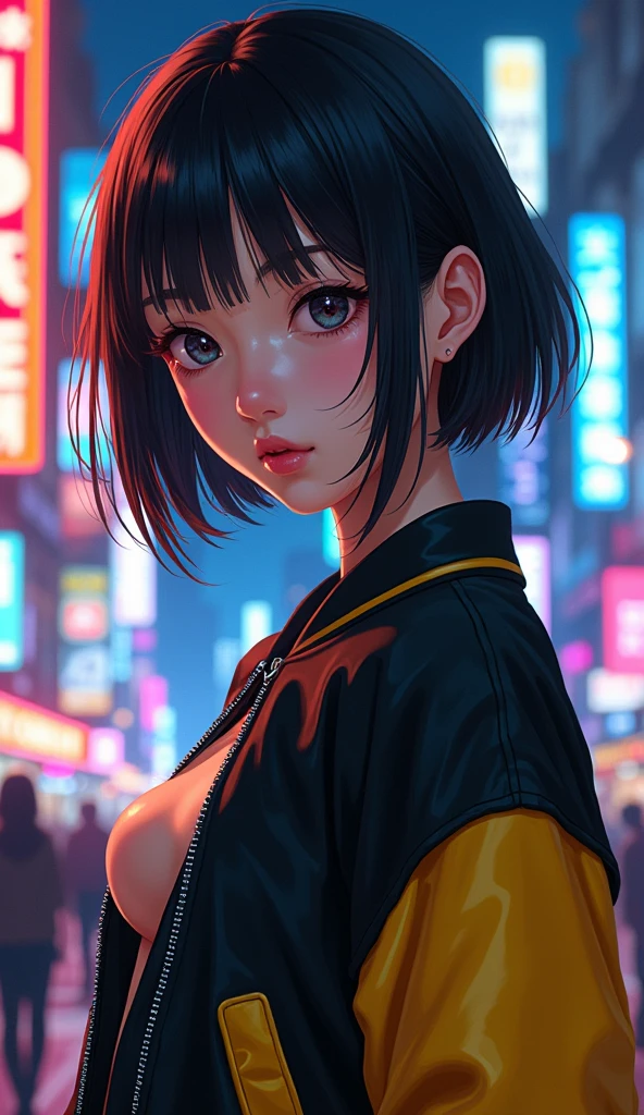 (masterpiece, Highest quality, Highest quality, Very detailed, Most detailed, Official Art, Structure of the film, beautifully、aesthetic:1.2), colorful, (Detailed drawn eyes:1.1),Cute Japanese beautiful face, Perfect body, One person, alone, City of night, City, Ratan, street, black | Yellow bomber jacket, (Neon Light:1.1), Small breasts, software, performer, (headphone:1.1), (cyber punk:1.1), (sf:1.1), (stare:1.2), (public:1.2)