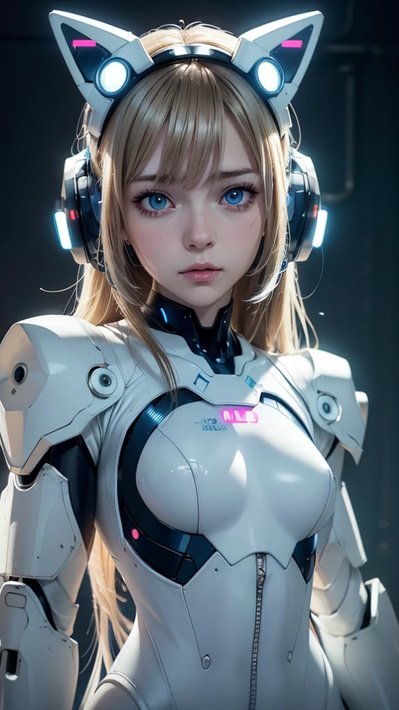 nurse head cap and necomimi,blonde hair,realistic and intricate perfect beauty face,small breast,flat chest,perfect sharp blue glowing eyes, detailed face,((in realistic neon-lit sci-fi white plugsuit metal mech parts and with neon-lit lights)),masterpiece,front face,upper body,glitch effect ,in the monitor,