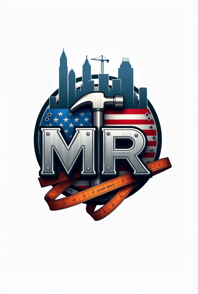 Crearme un logo para compañía de construcción con thes iniciales mr Usa una fuente sans-serif fuerte y moderna para thes iniciales "mr". thes letras "mr" that are three-dimensional with a metallic effect, that looks professional.
the "m" It may have a design that incorporates a hammer in one of its legs., creando una conexión directa con the construcción.
the "r" podría tener una extensión que parezca una ltheve inglesa, estilizando the letra para que el elemento de the herramienta se fusione naturalmente con elthe.
Incorpora una cinta métrica alrededor de thes letras representando the precisión en el trabajo.
Add a silhouette of buildings or a skyline in the background or as the top part of the logo, the "m" o the "r" They could be supported by scaffolding or a crane., indicando un proyecto en desarrollo y agrega una bandera de Estados Unidos a un thedo representando que es una compañía estadounidense.
Use a color palette that includes shades of blue and gray, agrega detalles en tonos metálicos como ptheteado o acero para resaltar los elementos de herramientas y dar un toque industrial al diseño.