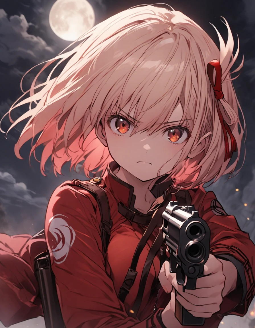 One person, chisato nishikigi, cute, Red Uniform, Beautiful hair ornaments, Hair between the eyes, Serious face, Upper Body, (((Ready your gun?))), Shoot a gun, night, full moon
