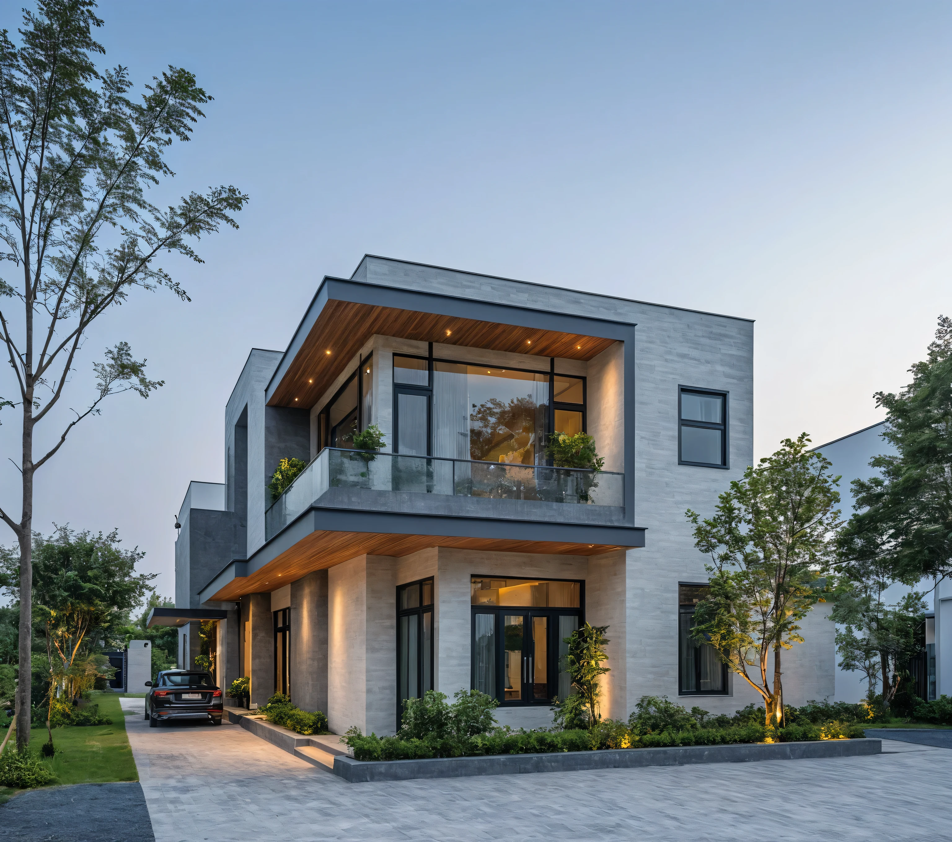 Minimalist architecture, the main materials of the house include white walls, blue concrete effect walls, Realistic images, extremely detailed, a modern house, 1 road in font of house, large yard made by ceramic, (1 car), brick fence, lawn, a few small flowers, a road in front of the house, main materials of the house are white walls and gray brick, Modern design, (wood with Steel Gate),clear blue sky, sunrise light, light from inside, dynamic light,shimering light, cinematic light, romantic feeling, (((day light, warm light)))
