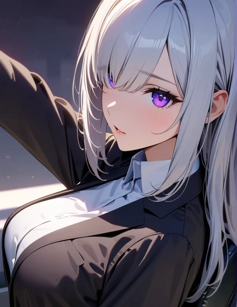 masterpiece, top quality, Super details, 8K, Detail lights, Detailed shadows, (real: 1.2),, 1 girl, silver hair, wearing white shirts and black blazer, sitting on office chair,purple eyes, moderate breast, half body portrait, one eye covered with hair bang