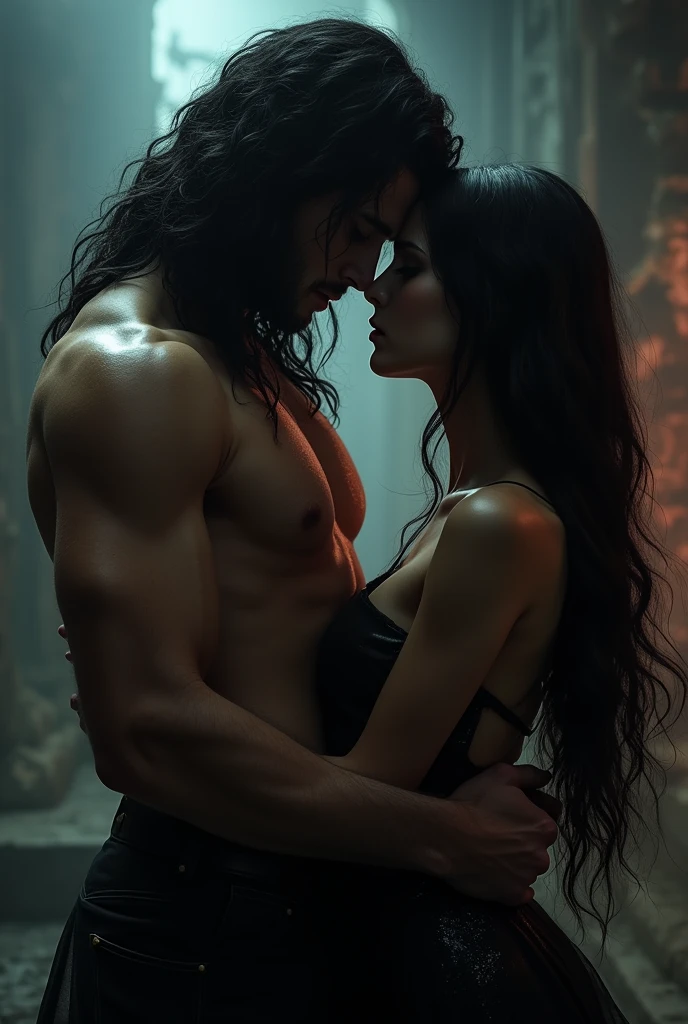 Black haired woman with a handsome white man with long black hair looking dark romance