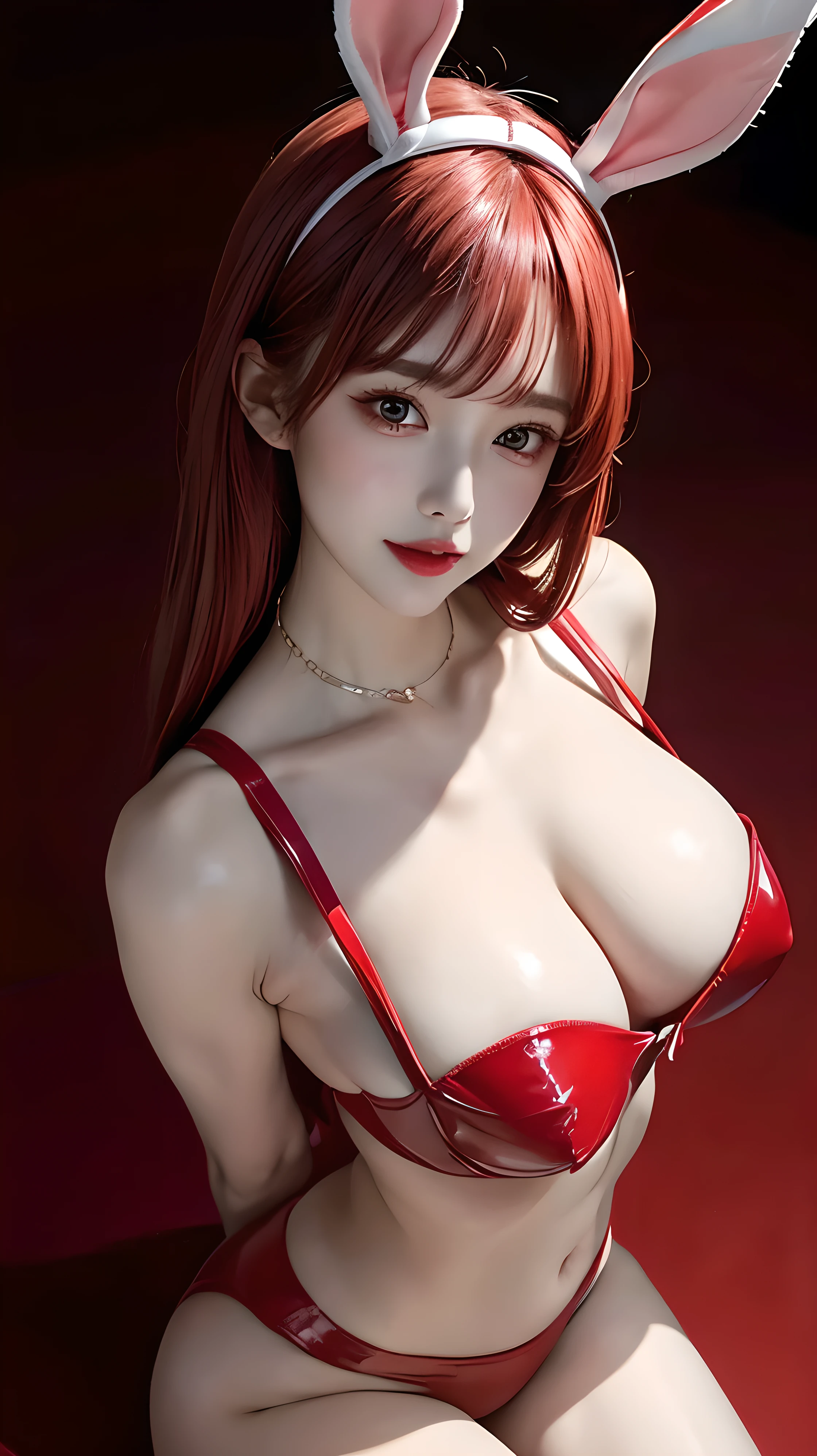 1 beautiful women, (top view), lay open legs, (basic red background studio), wear glass, red hair, blush, perky breast, big breast, masterpiece, best quality, CG, HDR, illustration, wallpaper, high-definition, extremely detailed, (bunny), (extremely tight red latex strapless macro bra:1.2), bunny ears, detached collar, glossy lips