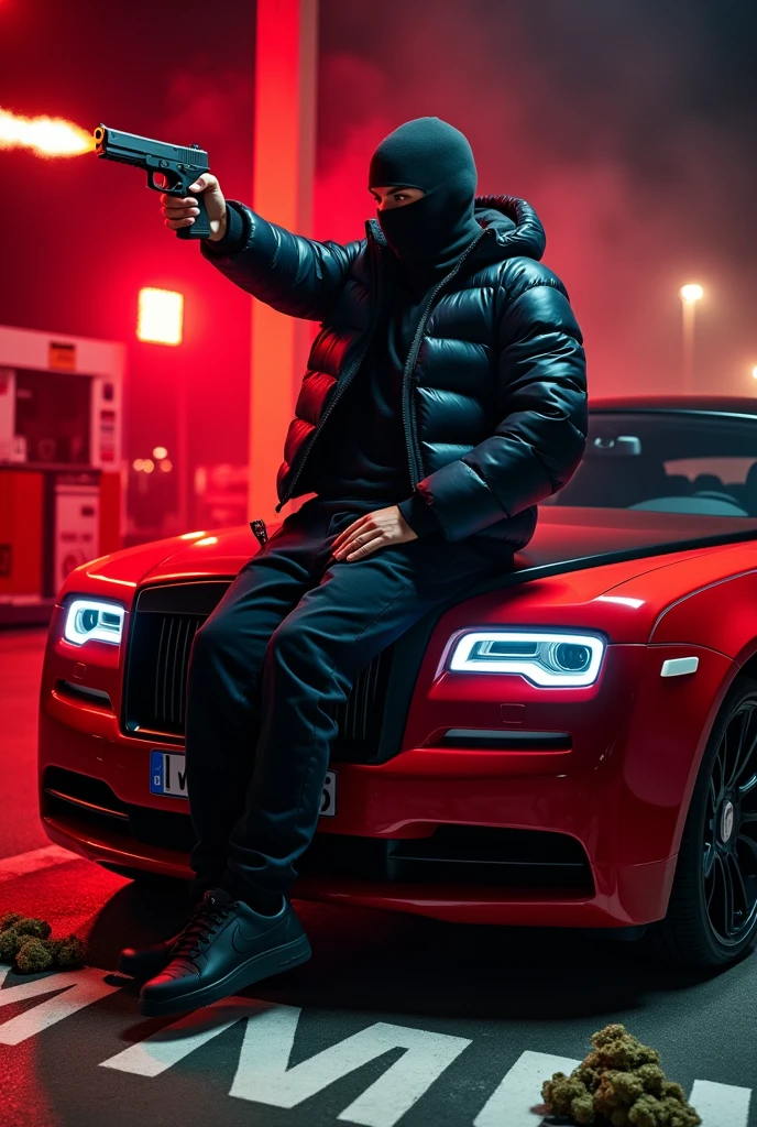 A person with a black moncleor jacket, black jogging pants, black Nike air force and black ski mask and he is shooting a Glock 19 into the air sitting on the hood of a red Royce Royce at night with red light launchers and red background lighting at a gas station and on the ground is a lot of cannabis and above it is written in black MVPlug