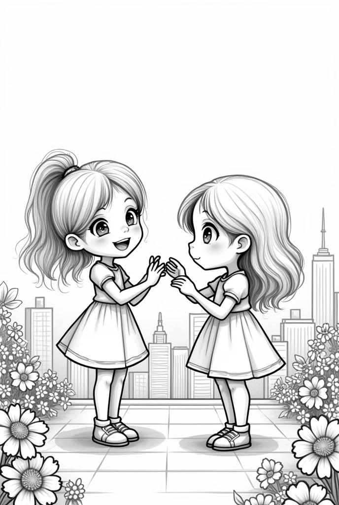 black and white, coloring image, coloring image fairy, high quality, sketchbook, 8k, fine lines, rendered in black and white, high definition, White background, flowers, real flowers, two girls, round big eyes, very sweet, adorable, happy, New York rooftop, playing a game