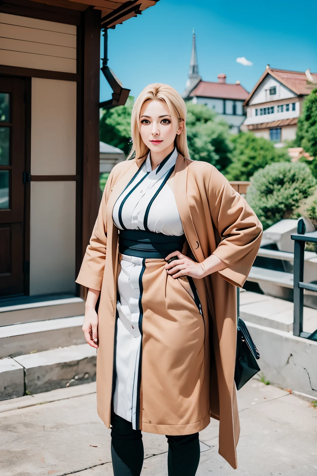 Lady tsunade standing in her daily outfit and smiling, photo realistic dreamy picture, 3.5mm lens camera