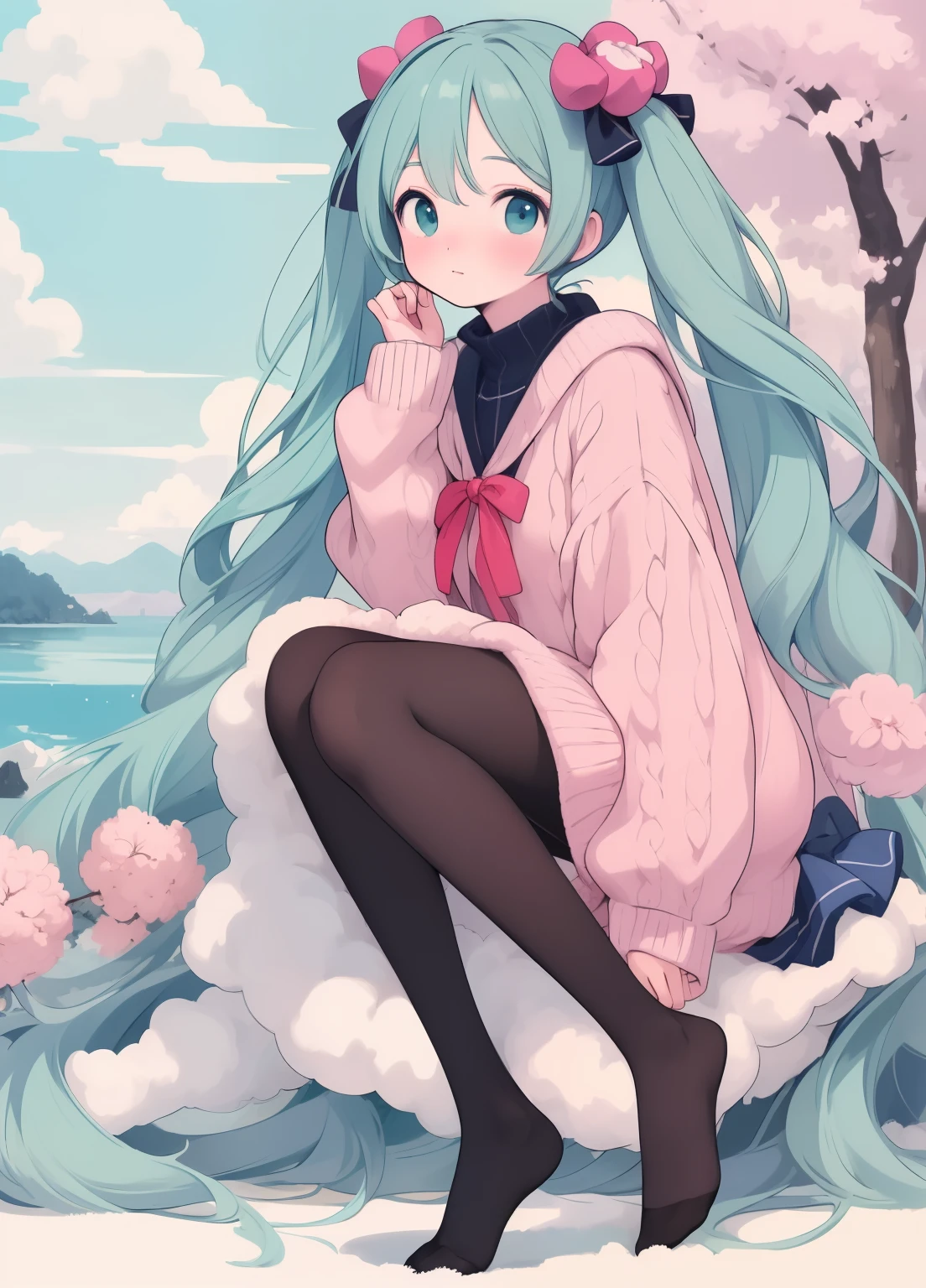 (masterpiece、Highest quality、Highest quality、Official Art、Beautiful and beautiful:1.2)、(One person:1.3)Hatsune Miku、Twin tails,Beautiful breasts, Katsushika Hokusai,(One person, alone), ((Highest quality, masterpiece)), (tights:1.2), Sweater dress, Cyan Pantyhose, whole body, No shoes,