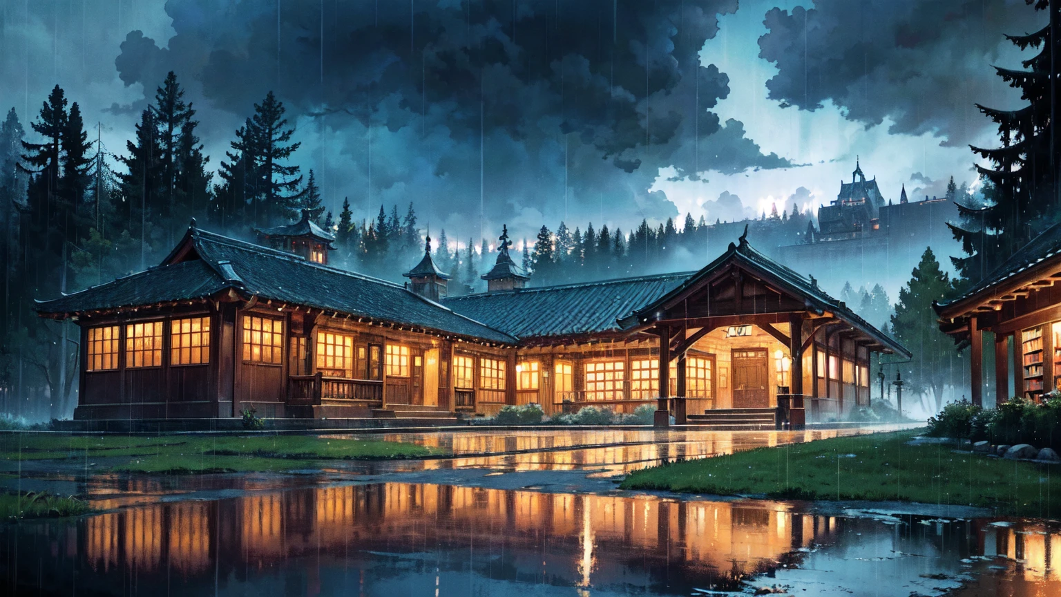 Colorful and bright picture. Fantastic composition with a forest in the foreground and a library in the background. Nostalgic. Makoto Shinkai. A splendid Western-style library beyond the forest. Beautiful composition. Night, heavy rain. A Western-style castle-like library beyond the forest. Vivid. Rainy sky. Heavy rain. Fantastic forest.